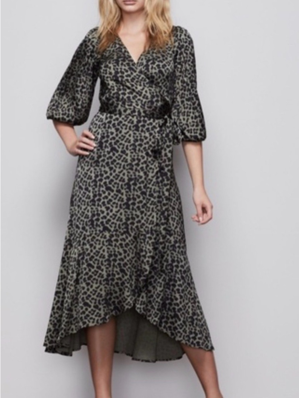 Good American Olive and Black Leopard Wrap High-Low Midi Dress